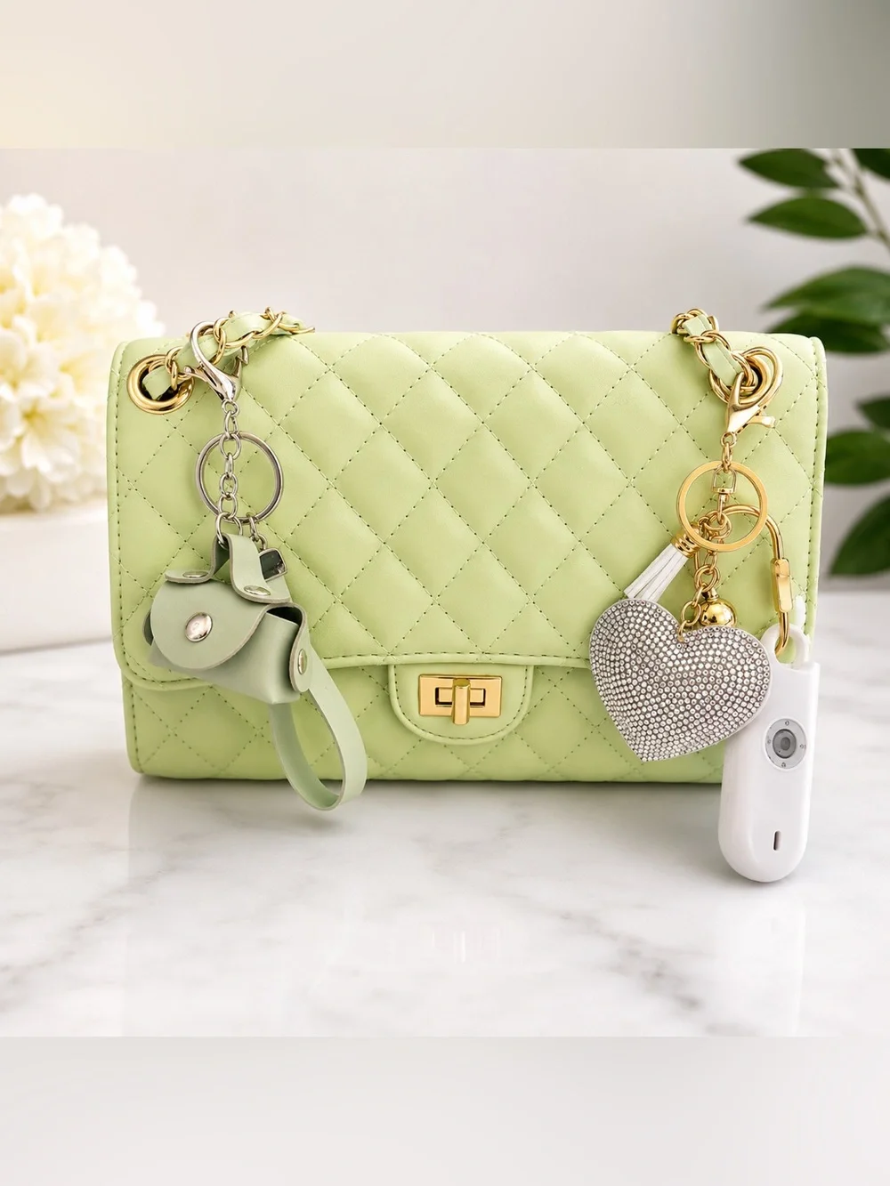 Quilted Shoulder Bag with Heart Charm - Light Green